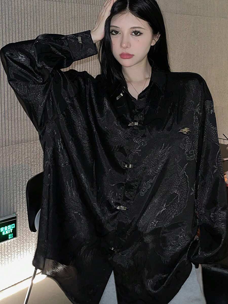女式龍紋長袖襯衫 - 黑色 - 查看 1