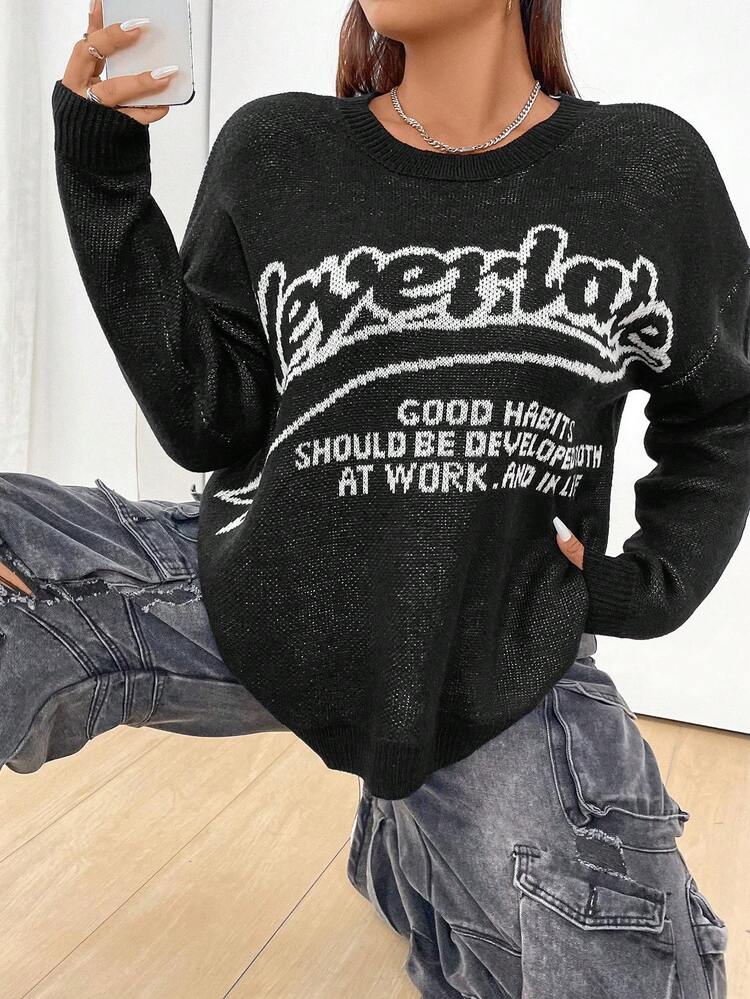 Women's Plus Size Casual Drop Shoulder Sweater With Slogan Print Knit Pullover Fall Winter Sweater
