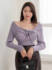 DAZY 女式不对称扭结领口毛衣秋季 - 紫色 - 查看 6