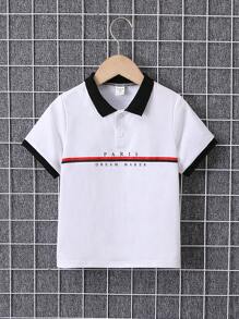 SHEIN Toddler Boys' Short Sleeve Black & Red Polo Shirt With English Print For Summer - White - View 1
