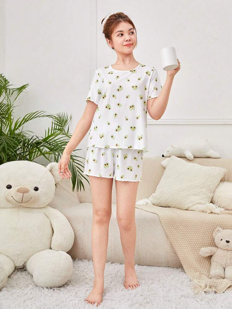 Teen Girls' Knitted Ribbed Avocado Patterned Ruffle T-Shirt And Shorts Homewear Set