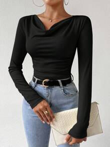 Airlisse Solid Color Draped Collar T-Shirt Fall Cloth For Women - Black - View 5