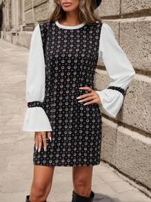 SHEIN Clasi Vestido Con Mangas Acampanadas Y Patrón Geométrico De Colores Contrastantes - Multicolor - Ver 6