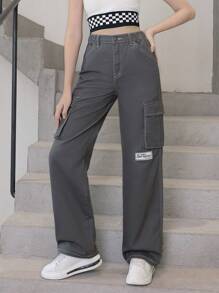 青少女新款時尚休閒深灰色實用直筒牛仔褲 - 深灰色 - 查看 3