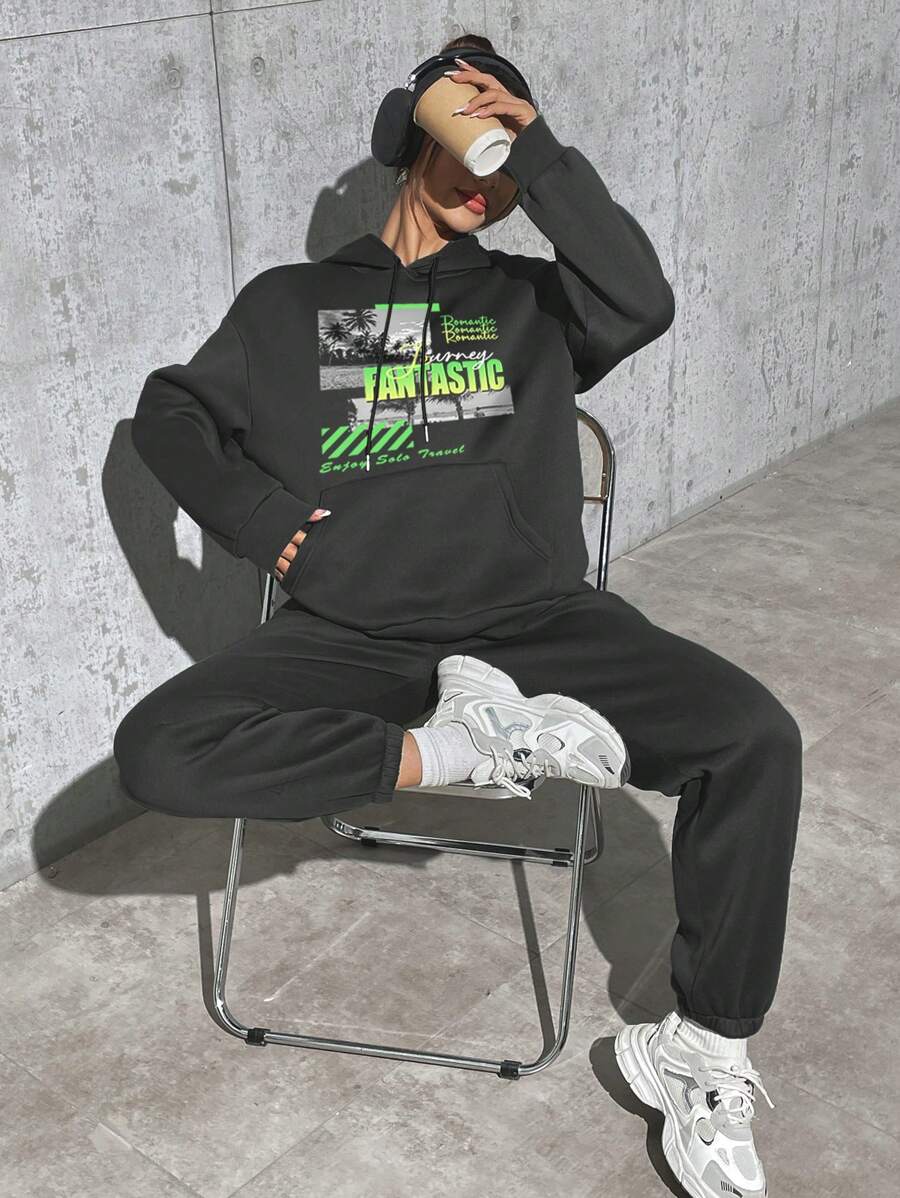 SHEIN EZwear Women'S Scenery Printed Hoodie And Sweatpants Set - Dark Grey - View 1