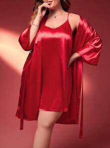 Bata de dormir de hombros caídos con cinturón de satén & Vestido de dormir de tirantes - Burdeos - Ver 1
