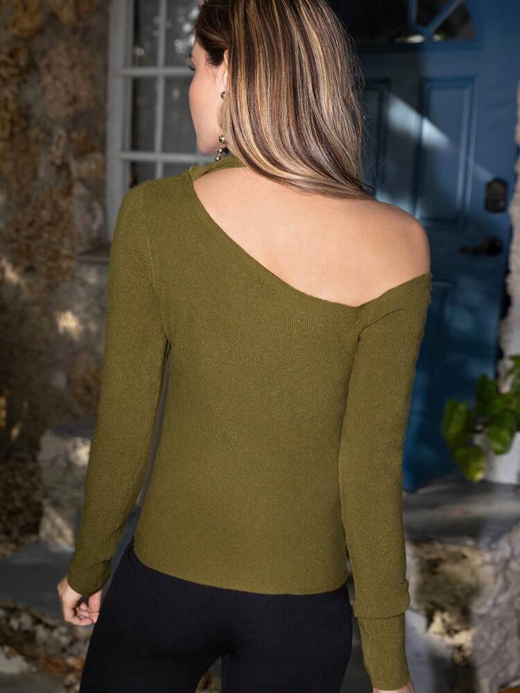 Asymmetric Collar Solid Knitted Top Fall Cloth For Women
