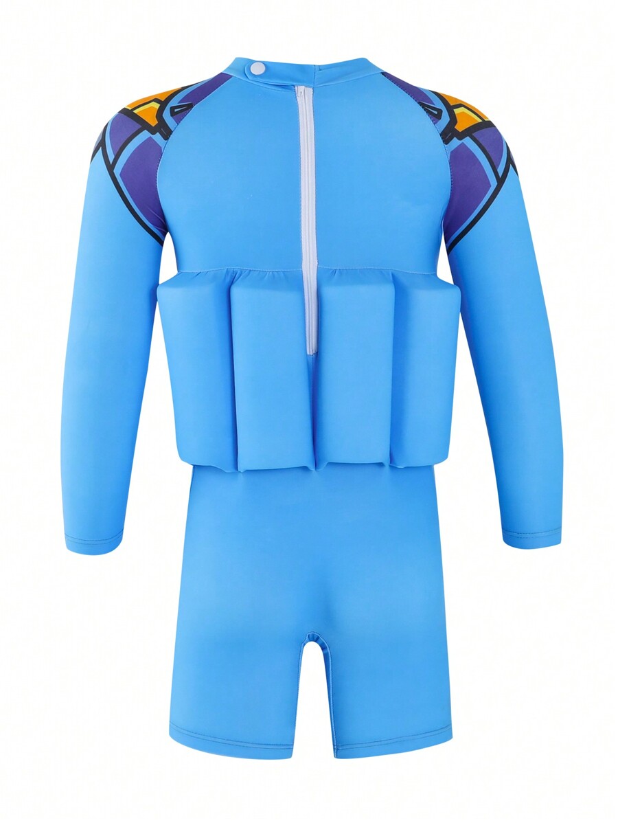 Young Boy Cartoon Printed Long Sleeve OnePiece Flotation Swimsuit for