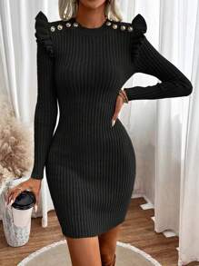 SHEIN Clasi 純色毛衣裙,褶邊和鈕扣細節裝飾 - 黑色 - 查看 4