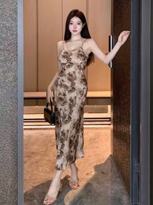 DAZY 女式花卉印花细肩带连衣裙，荷叶边