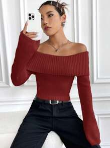 SHEIN Unity 露肩長袖短版毛衣 - 紅色 - 查看 4