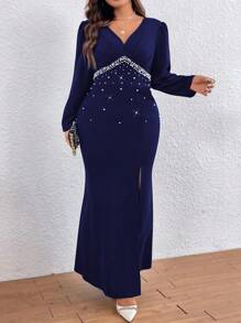 SHEIN Belle 女式大尺碼珍珠裝飾高開衩連身裙 - 藏蓝色 - 查看 5