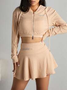 SHEIN EZwear Conjunto De Falda Y Chaqueta Corta De Canalé Para Mujer - Albaricoque - Ver 5