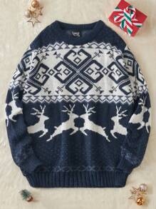 RueChic Men'S Geometric & Reindeer Pattern Sweater - Navy Blue - View 1