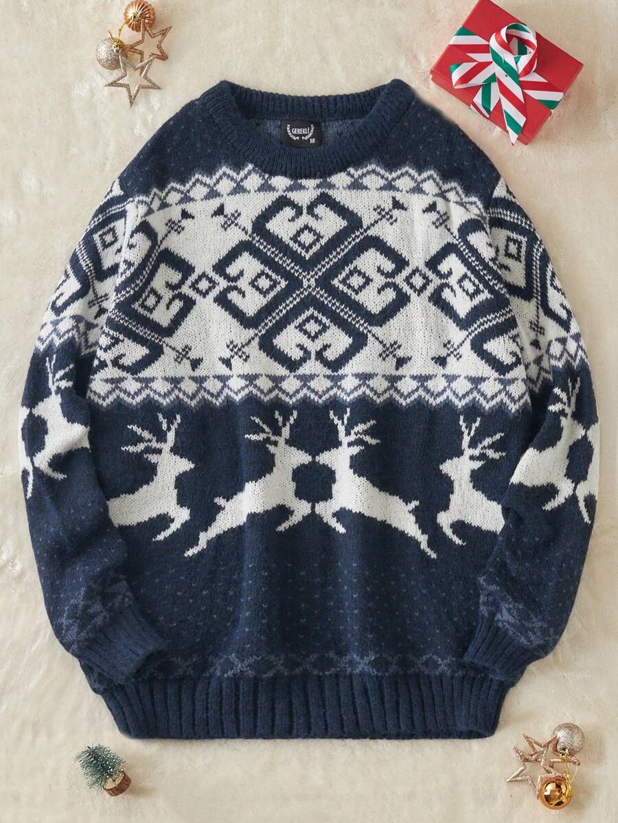 RueChic Men'S Geometric & Reindeer Pattern Sweater - Navy Blue - View 1