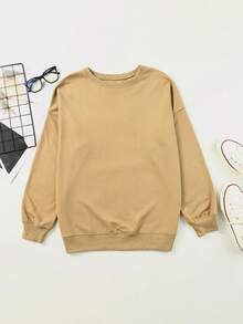 超大碼實色下垂肩毛衣 - 棕色 - 查看 3