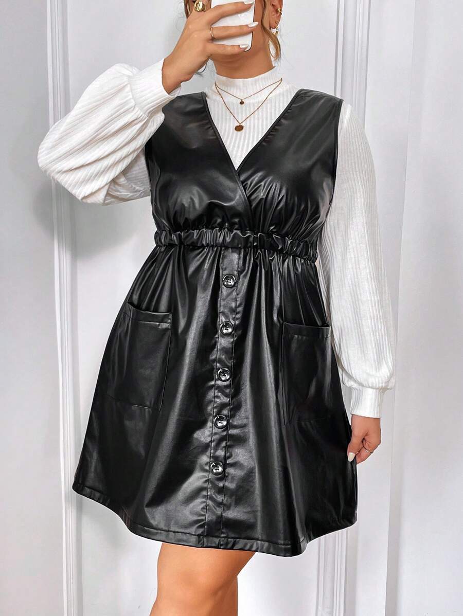 SHEIN Privé Kích thước lớn Đứng cổ áo Tay áo dài Áo thun Và Túi đôi chất liệu da PU Đầm Tổng thể 2 cái/bộ - Đen và trắng - Xem 1