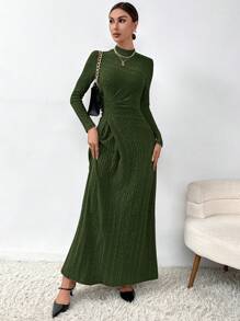 SHEIN Privé 女士皺褶鬆緊針織連衣裙 - 綠色 - 查看 6