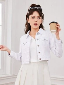 SHEIN Chaqueta de mezclilla blanca básica estilo universitario informal para niñas preadolescentes - Blanco - Ver 3