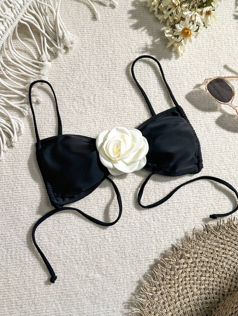 Swim Mod Summer Beach Women's Floral Decorated Swimwear Top With 3d Flowers