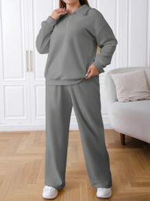 SHEIN EZwear Plus Size Zipper Half Placket Thermal Lined Sweatshirt And Sweatpants Set For Keeping Warm - Grey - View 3