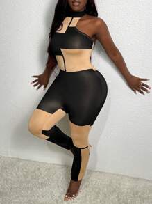 Slaydiva Mesh High Neck Colorblock Sleeveless Unitard Jumpsuit With Long Sleeve Arm Warmer - Multicolor - View 1
