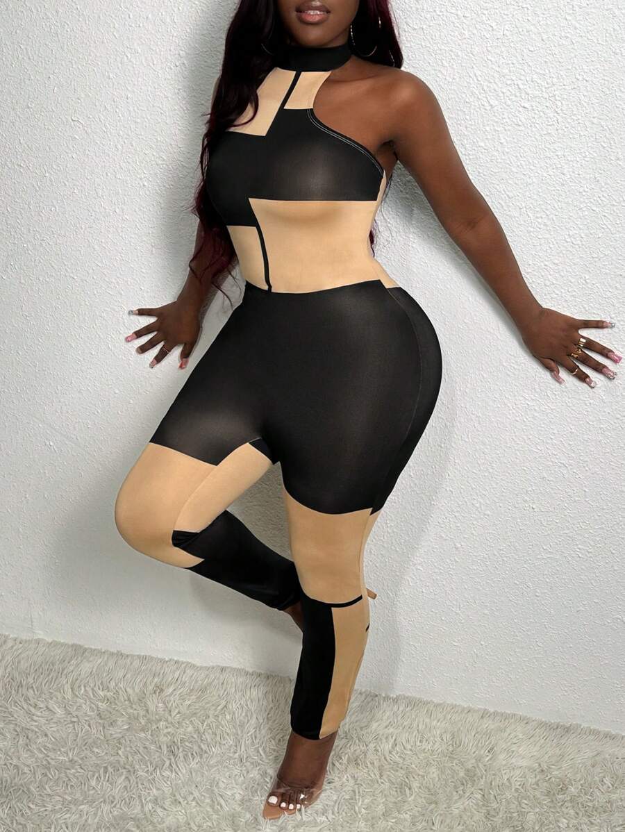 Slaydiva Mesh High Neck Colorblock Sleeveless Unitard Jumpsuit With Long Sleeve Arm Warmer - Multicolor - View 1