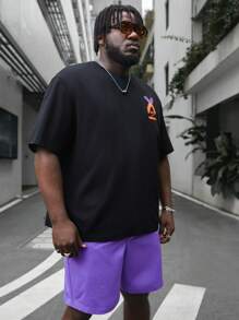 GENTILAND Plus Size Men's Letter Printed T-Shirt And Shorts Set, Loose Fit - Multicolor - View 6