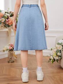 青少女彈性腰丹寧裙 - 淺色水洗藍 - 查看 2