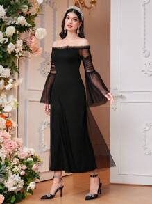 Modelyn Off-Shoulder Mesh Trumpet Sleeve Dress Long Evening Dresses - Black - View 5