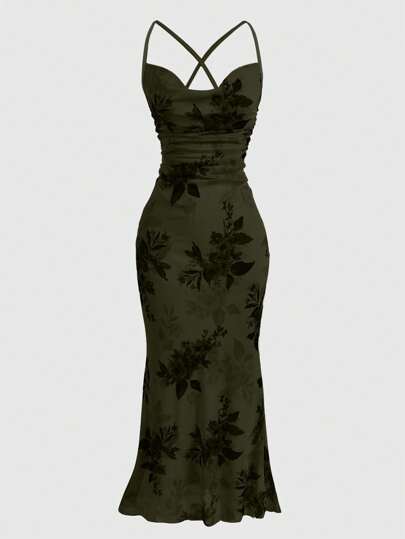 Fairycore Women's Floral Print Pleated Drape Design Dress