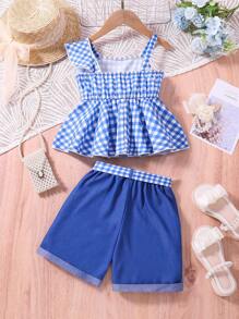 SHEIN Toddler Girls' Summer Simple Style Plaid One Shoulder Top And Waist Belted Shorts Set - Blue - View 2