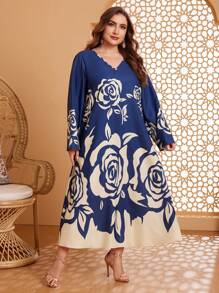 Al Najma Kích thước lớn In hoa Tay áo chuông Đầm - Màu xanh hải quân - Xem 6