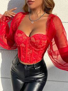 Allurite Women's Off Shoulder Lace Top With Ruffle Sleeve Detail For New Year Holiday Party Clothes Fall Cloth For Women - Red - View 4