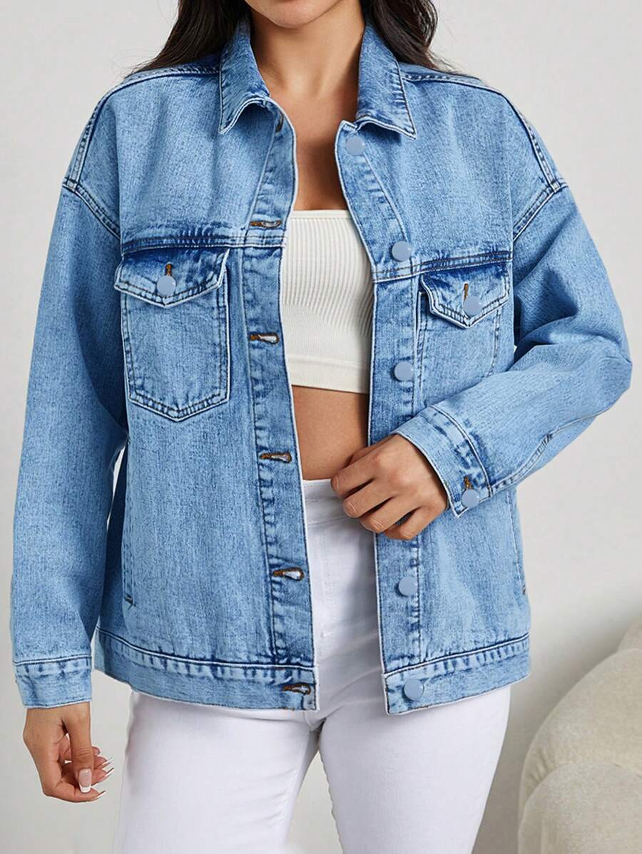 EURMUSE Women'S Flap Pocket Button Front Denim Jacket - Light Wash - View 1