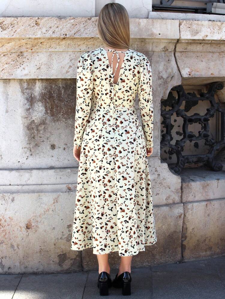 Women'S Printed Pleated Long Sleeve Dress Winter Vacation Flower Beach