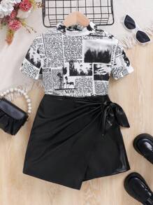 Tween Girl Casual Knitted Stand Collar Short Sleeve Top With Solid Skirt And Skorts Set - Black and White - View 1