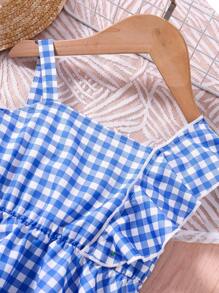 SHEIN Toddler Girls' Summer Simple Style Plaid One Shoulder Top And Waist Belted Shorts Set - Blue - View 7