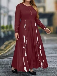 大尺碼女款印花圓領長袖連身裙 - 酒紅色 - 查看 3