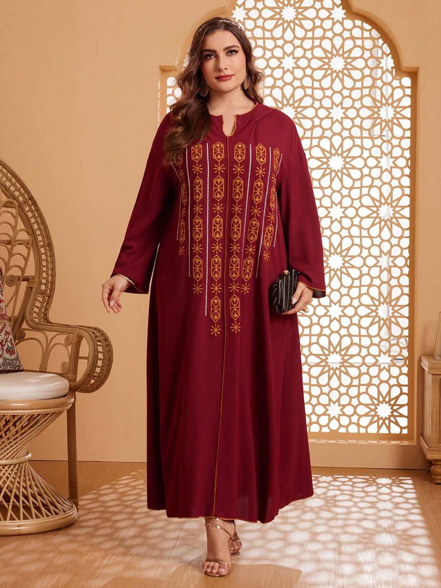 Al Najma 勃艮第红色女士加大码刺绣缺口领口阿拉伯服装 - 酒紅色 - 查看 1