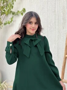 SHEIN 女孩蝴蝶結裝飾立領羈扣 A 字長袖連身裙 - 綠色 - 查看 3