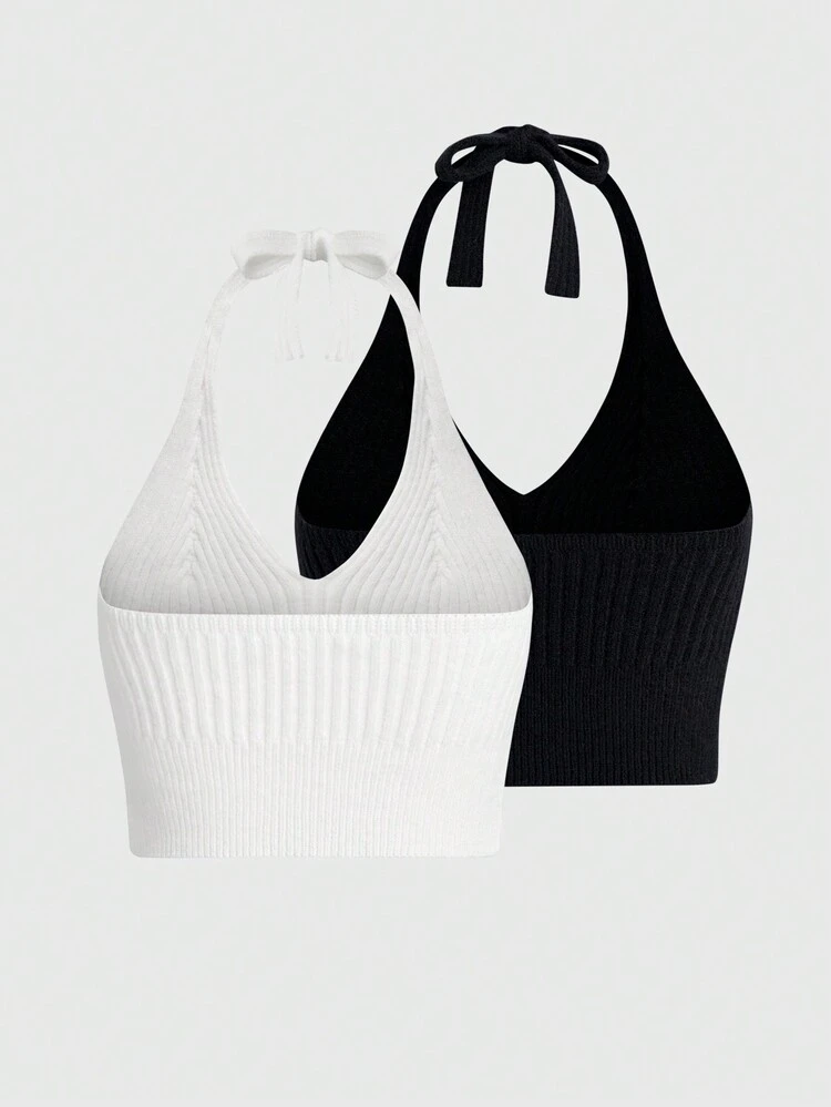 2pcs Halter Neck Ribbed Knit Top