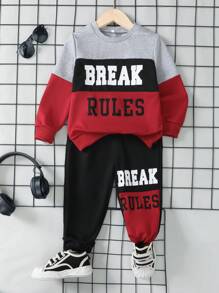 男童字母印花撞色连帽衫和运动裤套装 - 酒紅色 - 查看 1