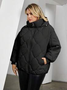 Astrid 女式大碼純色帽衫拉鍊前墊充外套 - 黑色 - 查看 1