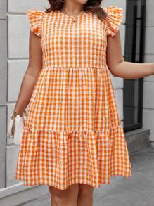 SHEIN LUNE Vestido De Cuadros Vichy Con Borde De Volante Y Talla Grande Para Mujeres - Naranja - Ver 4