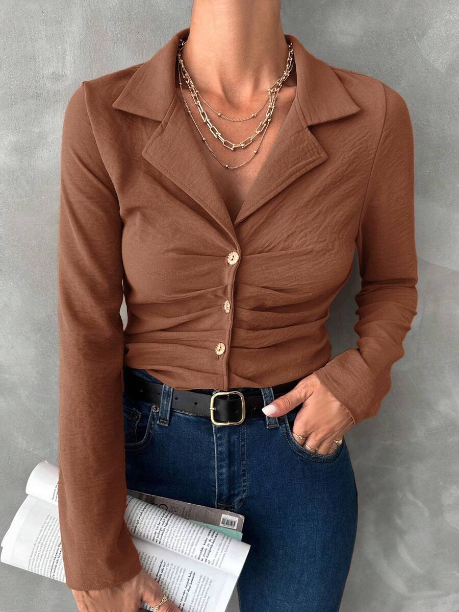 SHEIN Cottnline Lapel Neck Ruched Button Front Shirt - Camel - View 1