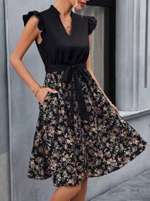 SHEIN Clasi 優雅女款花卉印花束帶連身裙