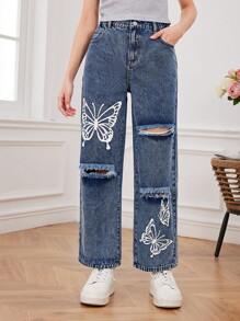 Teenage Girls' Butterfly Print Distressed Loose Fit Straight Leg Jeans - Medium Wash - View 1