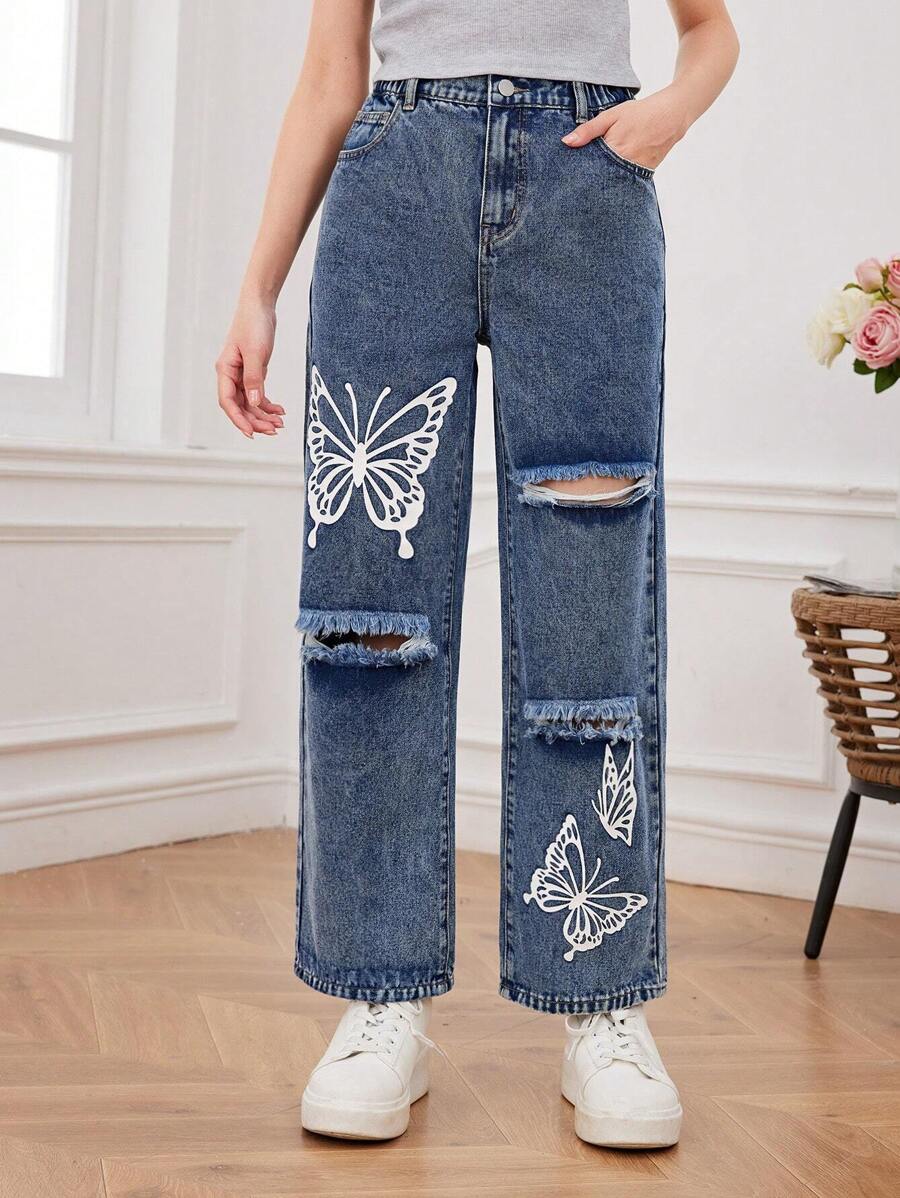 Teenage Girls' Butterfly Print Distressed Loose Fit Straight Leg Jeans - Medium Wash - View 1