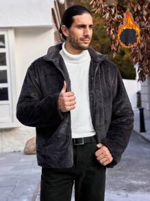 Manfinity Homme 男式超大号法兰绒拉链夹棉大衣 - 深灰色 - 查看 1